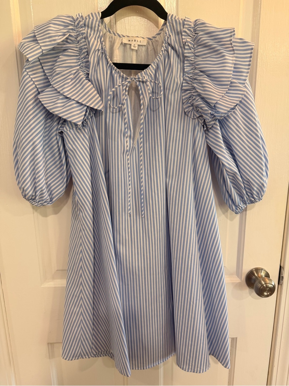 Mable Blue & White Striped Ruffle Dress